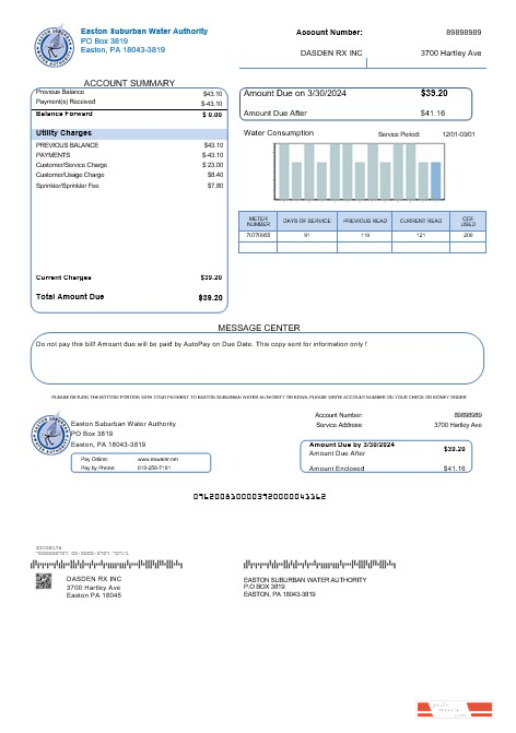 USA Eastern Suburban Water Authority business utility bill template in Word and PDF formats